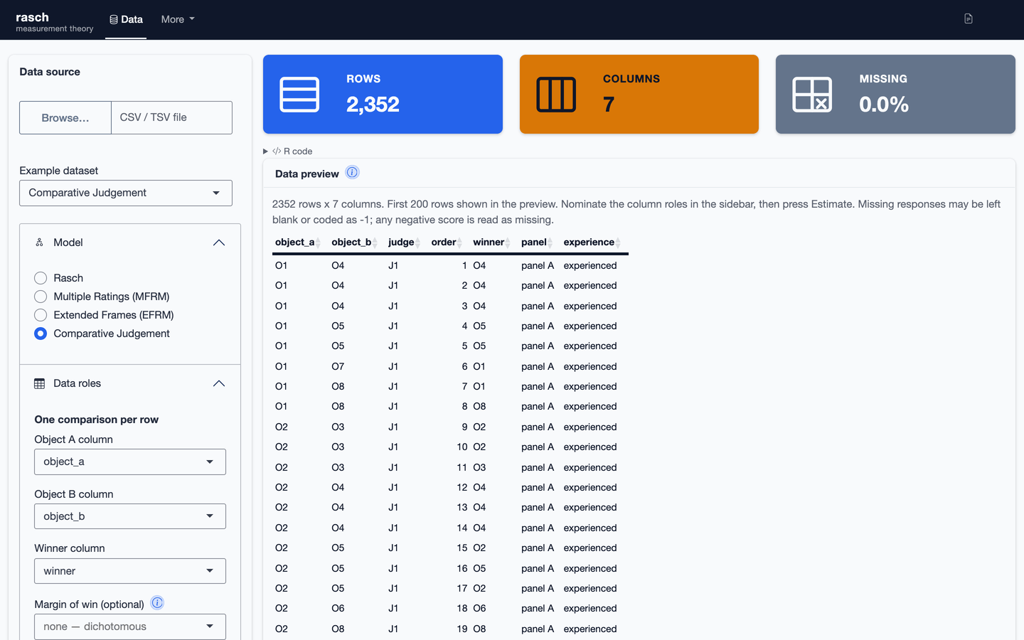 The Data panel with the comparative judgement roles assigned: the two object columns, the observed preference, and the judge column.