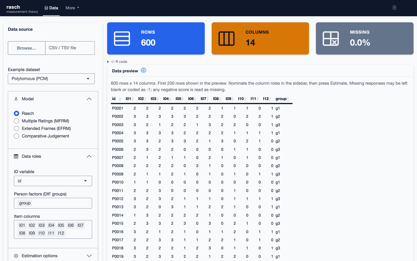 The Data panel of the application. The sidebar assigns the person identifier, person factors and item columns; the main area previews the responses.