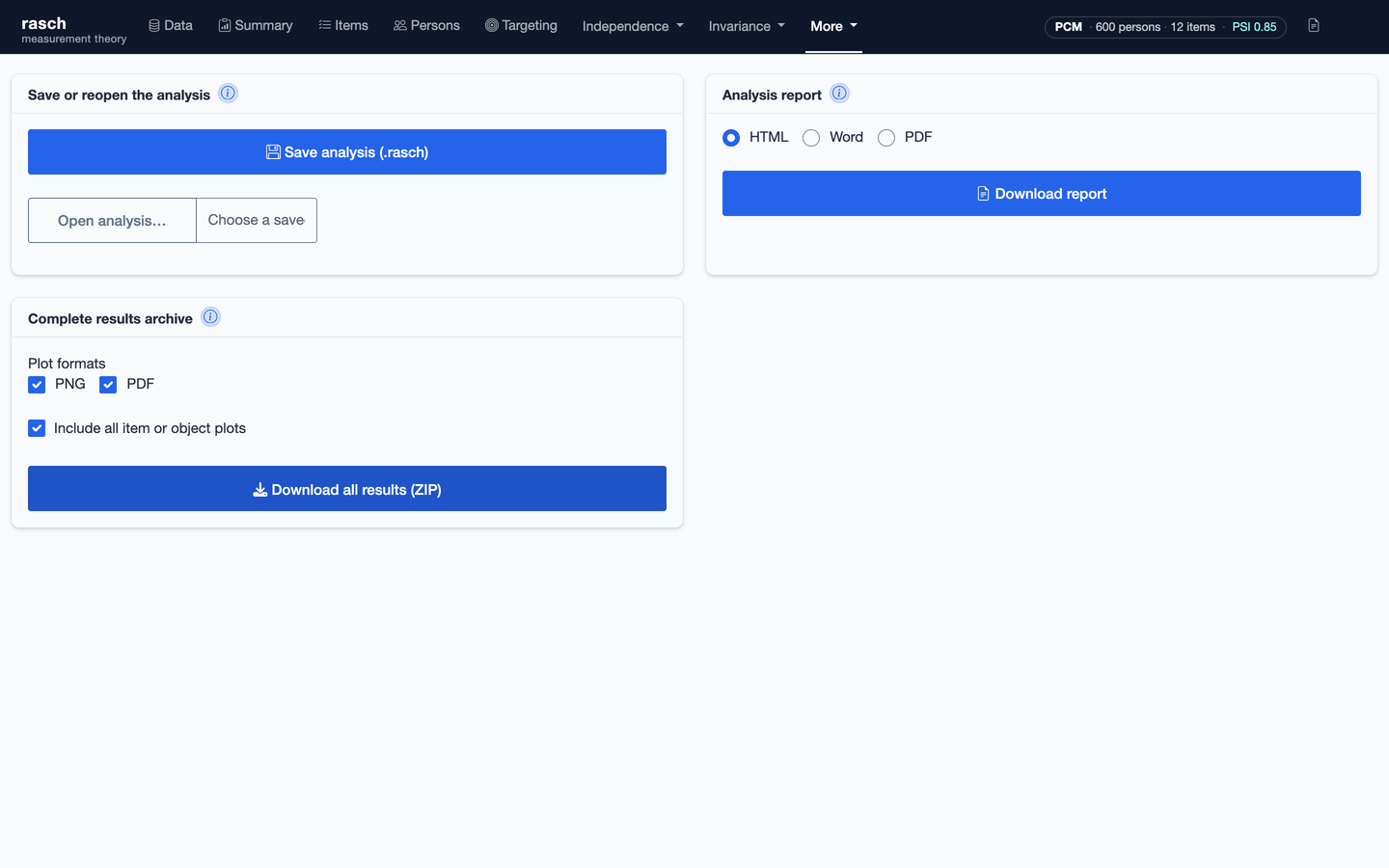The Export panel, offering the tables, figures and report formats an analysis can be written out as.