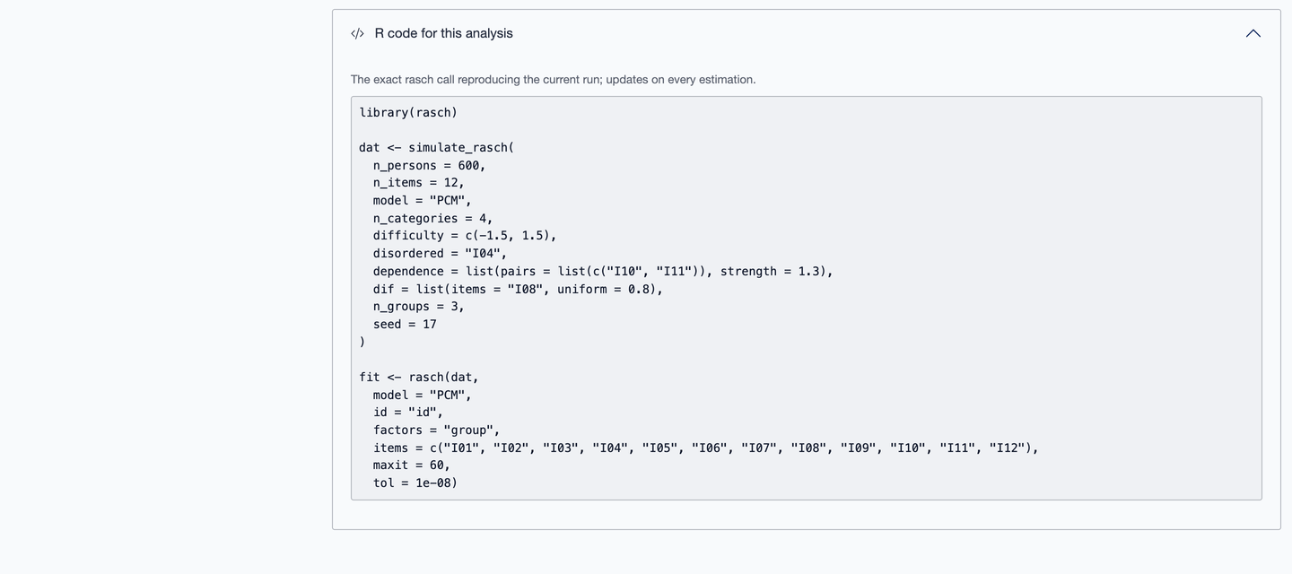 A results table with its R code disclosure open, showing the call that produced it.